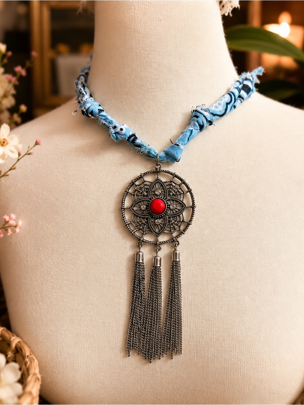 Handmade Boho Statement Necklace Red Stone Tassel Pendant 19”